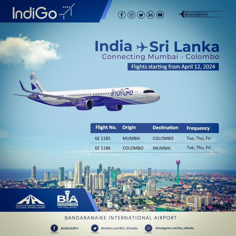 மும்பை-கொழும்பு நேரடி விமான சேவையை இன்டிகோ நிறுவனம் இன்று முதல் தொடங்குகிறது