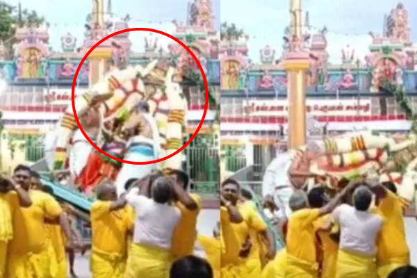 திருவெற்றியூரில் 17 ஆண்டுகள் கழித்து நடக்கும் கருட சேவை – திடீரென சரிந்த பெருமாள் சிலை!!