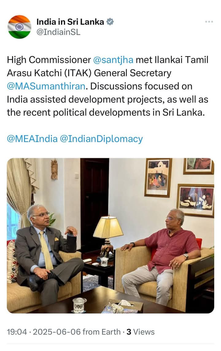 நாடு திரும்பும் அகதிகளுக்கான உதவி குறித்து இலங்கை அரசுடன் பேசினேன்  – சுமந்திரனிடம் இந்தியத் தூதுவர் தெரிவிப்பு.